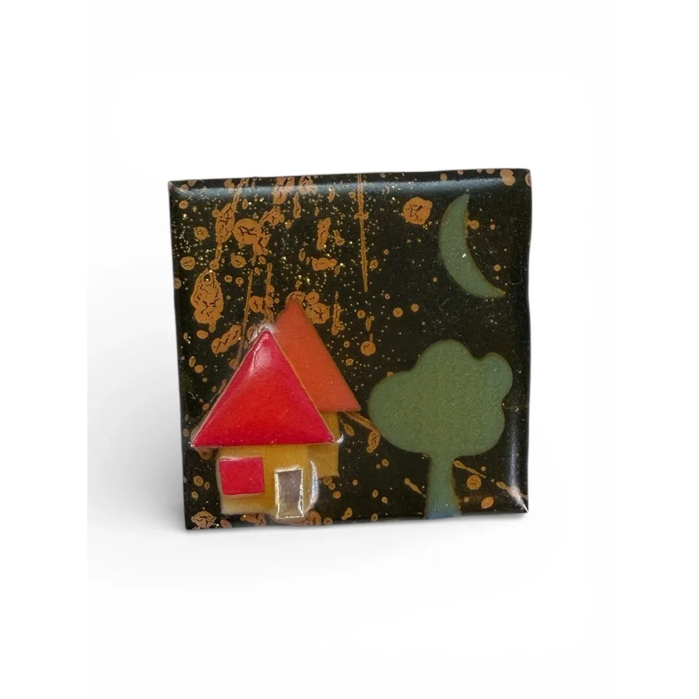 Vtg Lucinda House Pins Vintage Artisan Resin Brooch Red Cottage Moon Night Scene